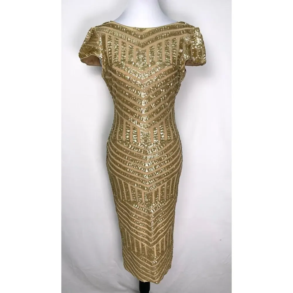 Dress the population Gold Sequin Midi Dress Size S - Picture 1 of 11